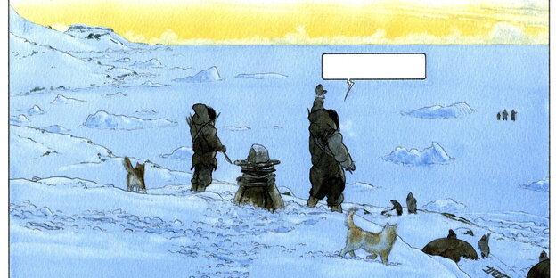 Eine Comiczeichnung von zwei Menschen mit zwei Hunden, die im Schnee stehen und anderen menschen zuwinken Eine Comiczeichnung von zwei Menschen mit zwei Hunden, die im Schnee stehen und anderen menschen zuwinken
