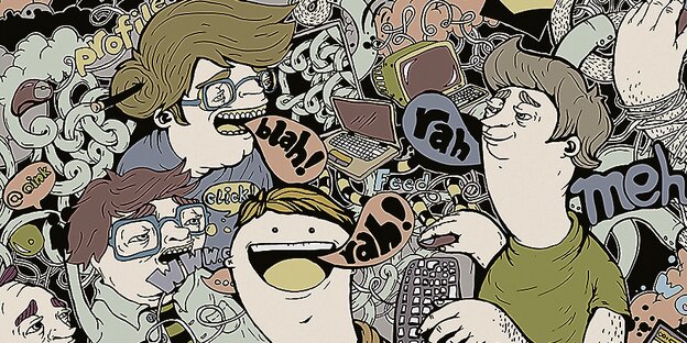 Cartoon: Menschen sitzen vor Computern, in den Sprechblasen steht „Blah“ und „rah“ Cartoon: Menschen sitzen vor Computern, in den Sprechblasen steht „Blah“ und „rah“