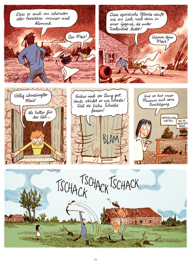 Eine Comicseite aus „Weites Land“. Es geht darum, dass der Dung auf dem Feld stinkt Eine Comicseite aus „Weites Land“. Es geht darum, dass der Dung auf dem Feld stinkt