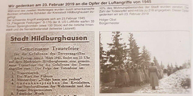 Eine nationalsozialistische Anzeige, daneben Fotos einer Trauerfeier Eine nationalsozialistische Anzeige, daneben Fotos einer Trauerfeier