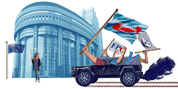 Eine Illustration zeigt ein Auto über dem AfD- und FPÖ-Flaggen wehen Eine Illustration zeigt ein Auto über dem AfD- und FPÖ-Flaggen wehen