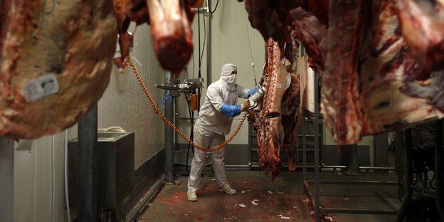 ein Schlachter in einem Halal-Fleischbetrieb ein Schlachter in einem Halal-Fleischbetrieb