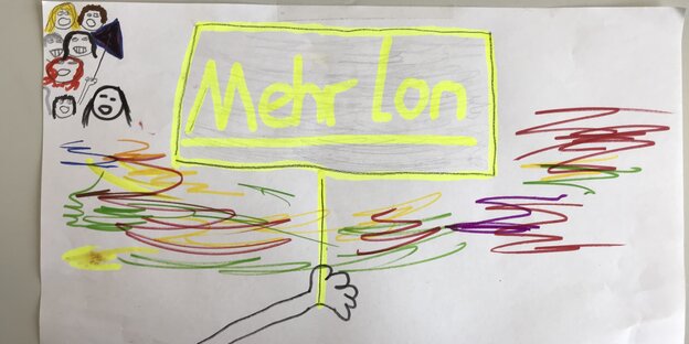 Eine Zeichnung zeigt eine Hand die ein Plakat mit der Aufschrift: „Mehr Lohn“ hochhält Eine Zeichnung zeigt eine Hand die ein Plakat mit der Aufschrift: „Mehr Lohn“ hochhält