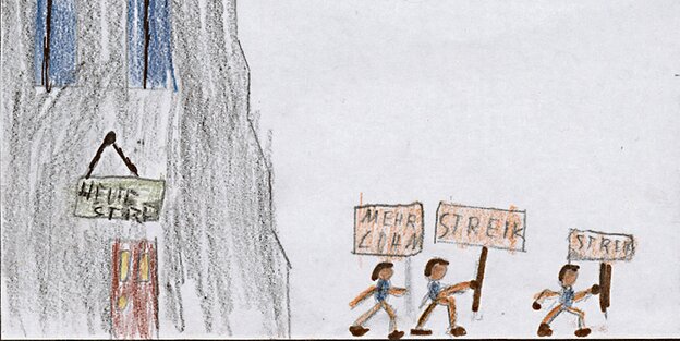 Ein von einem Kind gemaltes Bild. Lehrer streiken mit Plakaten vor ihrer Schule Ein von einem Kind gemaltes Bild. Lehrer streiken mit Plakaten vor ihrer Schule