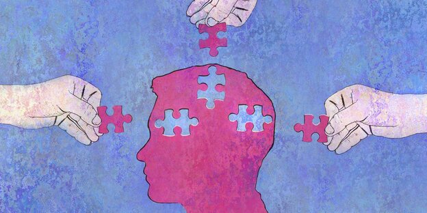 zeichnung von drei händen, die puzzle-stücke in den kopf einer weiteren gezeichneten person legen als symbol für einfälle zeichnung von drei händen, die puzzle-stücke in den kopf einer weiteren gezeichneten person legen als symbol für einfälle