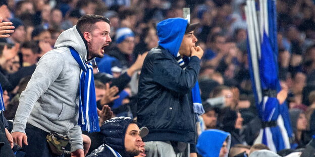 aufgebrachte Fans auf einer Stadiontribüne