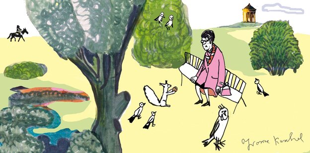 Zeichnung einer älteren Dame, die auf einer Parkbank im Münchner Englischen Garten Vögel füttert Zeichnung einer älteren Dame, die auf einer Parkbank im Münchner Englischen Garten Vögel füttert