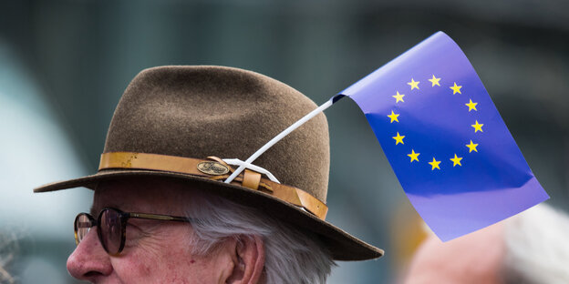 Mann mit Europafahne am Hut Mann mit Europafahne am Hut