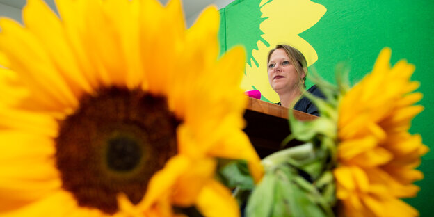 Im Vordergrund eine Sonnenblume, im Hintergrund Maike Schäfer (Grüne) Im Vordergrund eine Sonnenblume, im Hintergrund Maike Schäfer (Grüne)