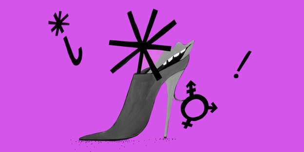 Illustration: Ein High-Heel ist mit einem Mund verbunden, daneben und darüber sind Symbole wie das Sternchen und das Transgender-Symbol zu sehen Illustration: Ein High-Heel ist mit einem Mund verbunden, daneben und darüber sind Symbole wie das Sternchen und das Transgender-Symbol zu sehen