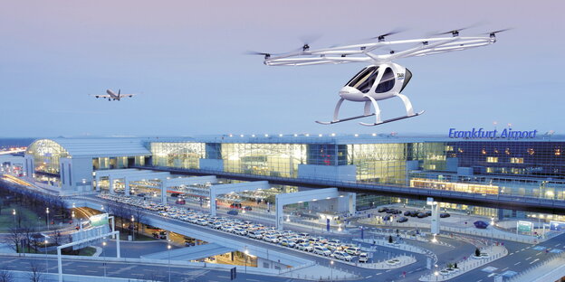 Ein animiertes Flugtaxi über dem Frankfurter Flughafen Ein animiertes Flugtaxi über dem Frankfurter Flughafen