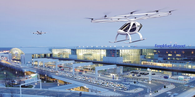 Ein animiertes Flugtaxi über dem Frankfurter Flughafen