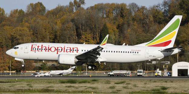 Eine Boeing 737 Max 8 mit dem Emblem der Ethiopian Airlines steht auf einem Flugfeld Eine Boeing 737 Max 8 mit dem Emblem der Ethiopian Airlines steht auf einem Flugfeld