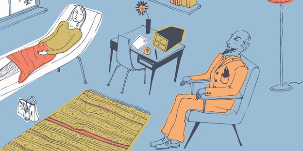 Zeichnung einer Psychotherapie-Sitzung Zeichnung einer Psychotherapie-Sitzung