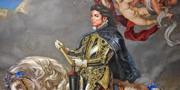 Ein Porträt von Michael Jackson, auf dem er in königlicher Tracht auf einem Pferd sitzt Ein Porträt von Michael Jackson, auf dem er in königlicher Tracht auf einem Pferd sitzt