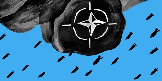 Illustration einer Wolke mit Nato-Zeichen, aus der Bomben fallen Illustration einer Wolke mit Nato-Zeichen, aus der Bomben fallen