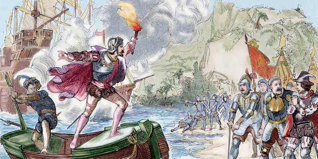 Auf einem Kupferstich ist derspanische Militär Juan de Escalante auf einem Boot mit einer Fackel in der Hand abgebildet Auf einem Kupferstich ist derspanische Militär Juan de Escalante auf einem Boot mit einer Fackel in der Hand abgebildet