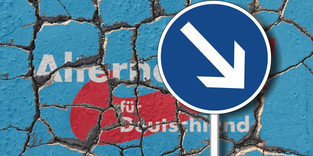 Straßenschild mit nach unten zeigendem Pfeil, dahinter eine bröckelige Wand mit AfD Parteilogo Straßenschild mit nach unten zeigendem Pfeil, dahinter eine bröckelige Wand mit AfD Parteilogo