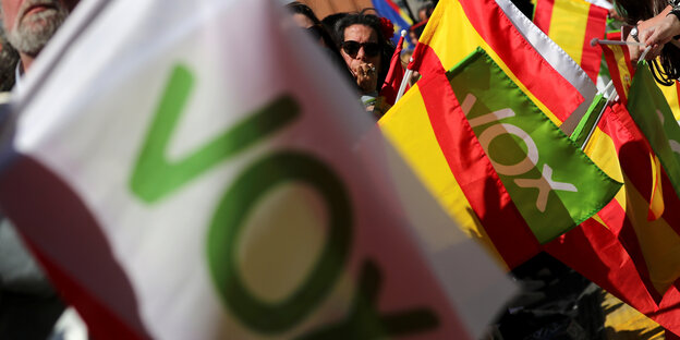 Die Fahnen VOX und spanische Nationalflaggen Die Fahnen VOX und spanische Nationalflaggen