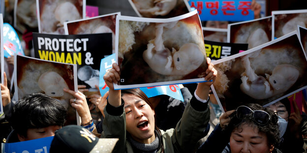 Demonstrant*innen in Seoul halten Schilder und Fotos von Föten hoch Demonstrant*innen in Seoul halten Schilder und Fotos von Föten hoch