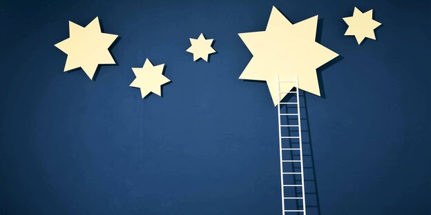 Große und kleine gelbe Sterne an einer blauen Wand, an der erine Leiter lehnt Große und kleine gelbe Sterne an einer blauen Wand, an der erine Leiter lehnt