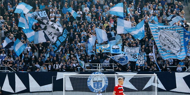 auf einer vollen Tribühne schwenken Fans blau-weiße Fahnen auf einer vollen Tribühne schwenken Fans blau-weiße Fahnen