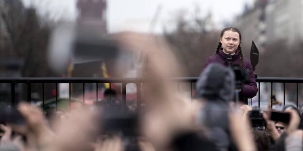 Greta Thunberg spricht in eine Menge Greta Thunberg spricht in eine Menge