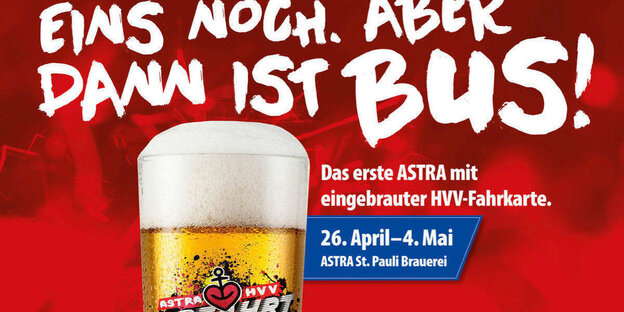 Screenshot: Bierglas und Werbesolagen "Eins noch. Aber dann ist Bus!" Screenshot: Bierglas und Werbesolagen "Eins noch. Aber dann ist Bus!"
