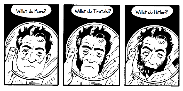 Eine Graphic Novel zeigt einen Mann, der im Spiegel verschiedene mögliche Bartschnitte betrachtet Eine Graphic Novel zeigt einen Mann, der im Spiegel verschiedene mögliche Bartschnitte betrachtet
