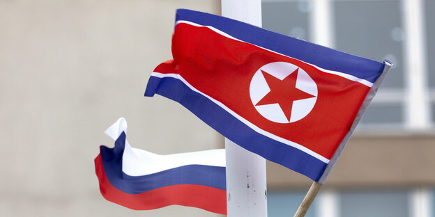 Die russische und die nordkoreanische Flagge wehen in Wladiwostok Die russische und die nordkoreanische Flagge wehen in Wladiwostok