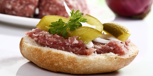 Ein hübsch garniertes Mettbrötchen mit Zwiebeln und Gürkchen Ein hübsch garniertes Mettbrötchen mit Zwiebeln und Gürkchen