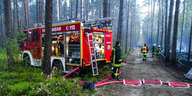 In einem Wald bei Nassenheide in Brandenburg löscht die Feuerwehr einen Brand In einem Wald bei Nassenheide in Brandenburg löscht die Feuerwehr einen Brand