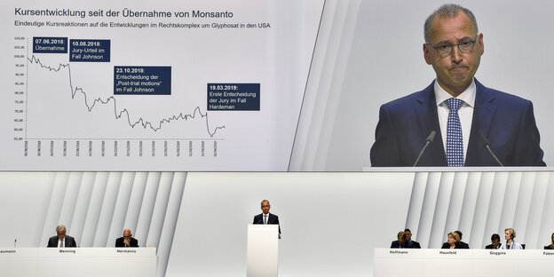 Ein Mann, Werner Baumann, spricht auf einem weißen Podium vor einer großen Leinwand, auf der wiederum er zu sehen ist Ein Mann, Werner Baumann, spricht auf einem weißen Podium vor einer großen Leinwand, auf der wiederum er zu sehen ist