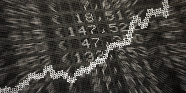 Die große Anzeige in der Börse zeigt die Dax-Kurve und verschiedene Börsenkurse Die große Anzeige in der Börse zeigt die Dax-Kurve und verschiedene Börsenkurse