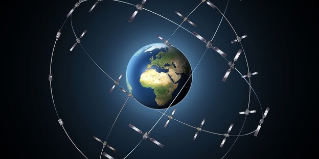Ein Animations-Still, das Satelliten in ihrer Umlaufbahn um die Erde im Weltall zeigt Ein Animations-Still, das Satelliten in ihrer Umlaufbahn um die Erde im Weltall zeigt