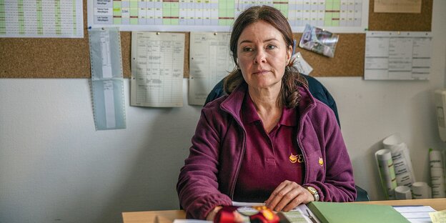 Eine Frau sitzt an einem Schreibtisch Eine Frau sitzt an einem Schreibtisch