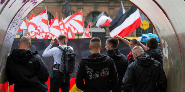 Demonstranten mit Fahnen bei einer NPD-Demonstration Demonstranten mit Fahnen bei einer NPD-Demonstration
