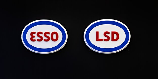 Schriftzug "LSD" im Esso-Design neben einem Esso-Logo Schriftzug "LSD" im Esso-Design neben einem Esso-Logo