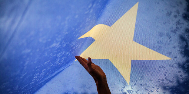 Eine Hand greift nach einem Stern auf einer EU-Flagge Eine Hand greift nach einem Stern auf einer EU-Flagge