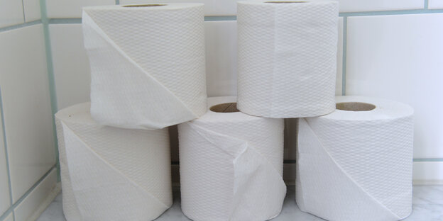 Toilettenpapier, gestapelt, auf einem Schulklo Toilettenpapier, gestapelt, auf einem Schulklo