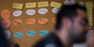 In einem Integrationskurs hängen verschiedene bunte Zettel an einer Pinnwand, die deutsche Grammatikfälle erklären