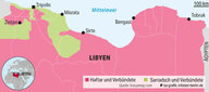 Eine Karte zeigt den Konflikt in Libyen