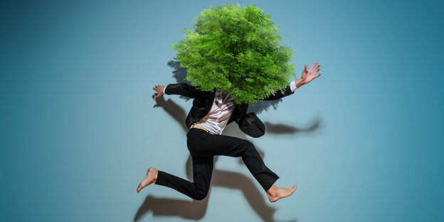 Ein Mann im anzug springt in die Luft, aus seiner Brust wächst ein Baum