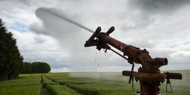 Ein Feld wird mit einer Beregnungsanlage bewässert Ein Feld wird mit einer Beregnungsanlage bewässert