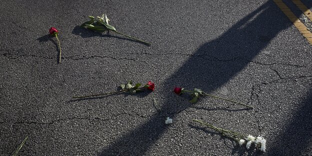 Einzelne Blumen liegen auf der Straße, der Schatten eines Menschen fällt darüber Einzelne Blumen liegen auf der Straße, der Schatten eines Menschen fällt darüber