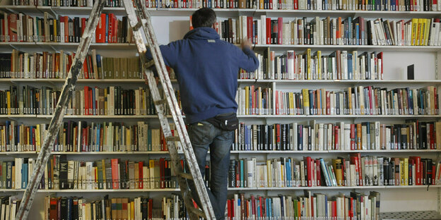 Ein Mensch steht auf einer Leiter vor einem großen Regal mit Büchern