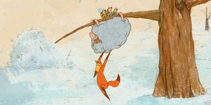 Szene aus Anna Kritskayas Animation „Dubak“: ein Eichhörnchen und ein Schaf in einer Winterlandschaft