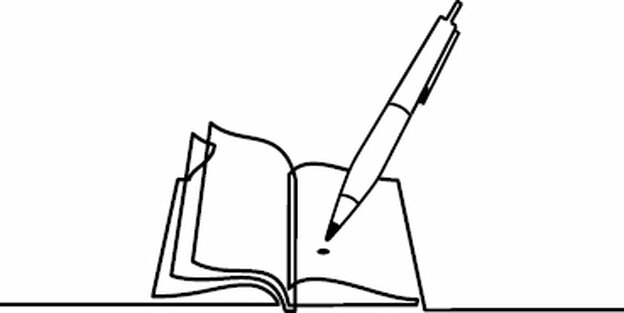 Illustration: Ein riesiger Stift, der in ein leeres Buch schreibt.