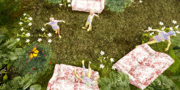 Ein Screenshot aus dem virtuellen Rollenspiel Roblox, wo das Modelabel Gucci einen Garten designt hat