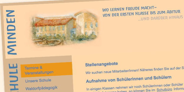 Screenshot von der Website der Waldorfschule Minden